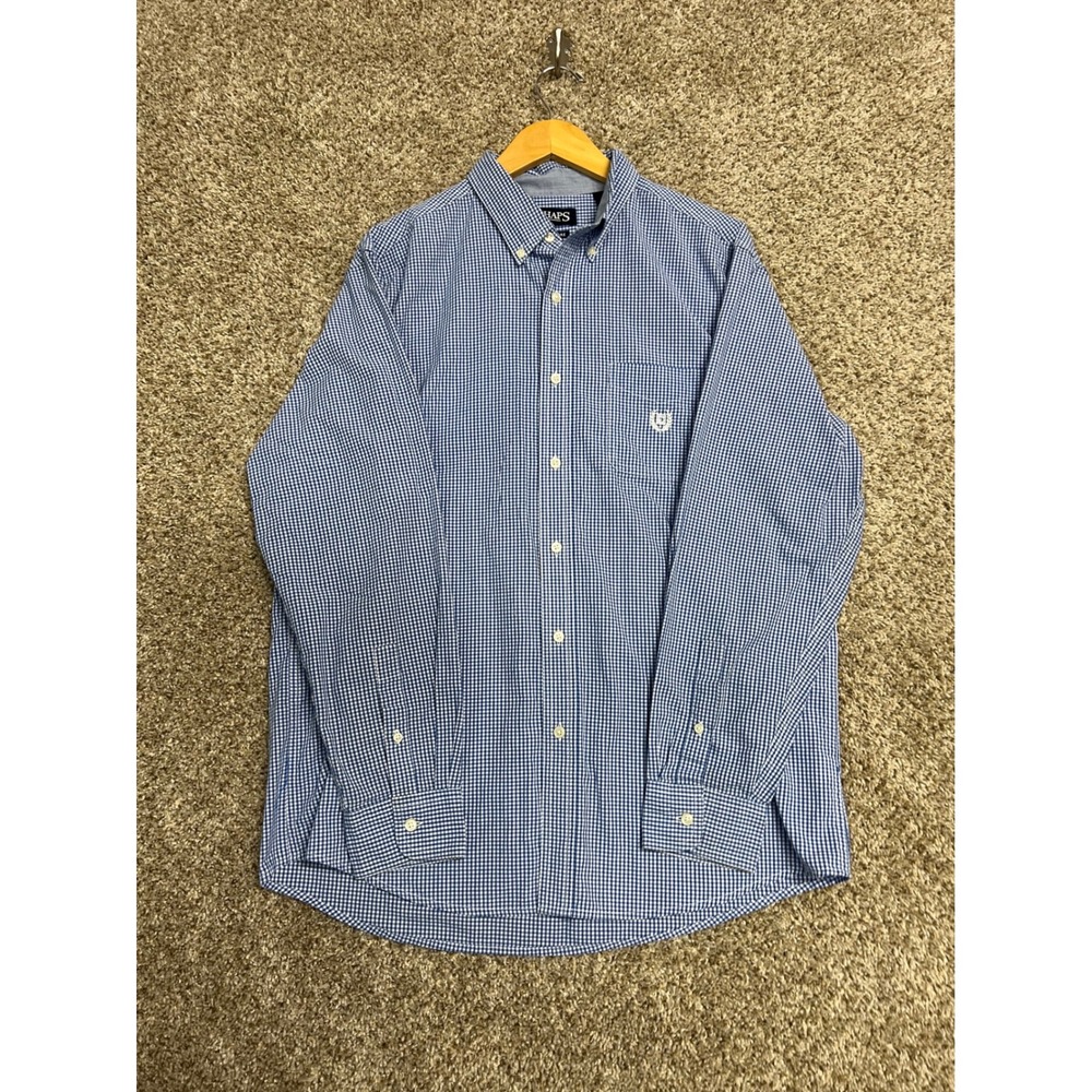 Chaps Mens Blue Gingham Easy Care Button Down Shirt Large Long Sleeve Crest Logo
